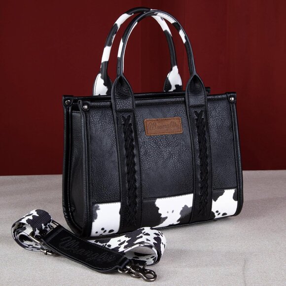 Elegant Wrangler Cow Print Tote Bag - Vegan Leather Shoulder Purse, 11 x 3.8 x 8 - Picture 2 of 7